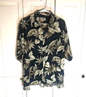 Vintage CODA Hawaiian Shirt Mens XL 100% Rayon Black Beige Leaf Tropical Aloha